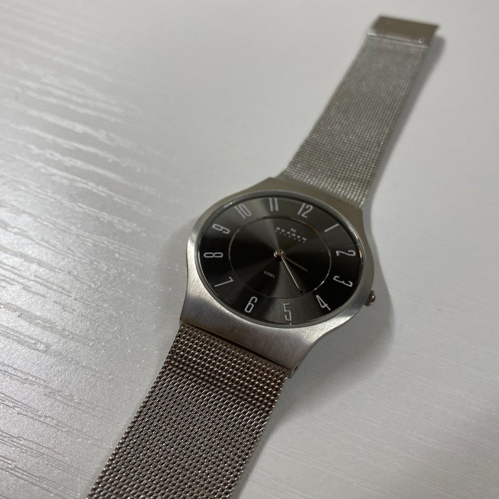 SKAGEN DENMARK Mens Sundby Thin Slim Gray Titanium Watch, Steel Flat Mesh Band